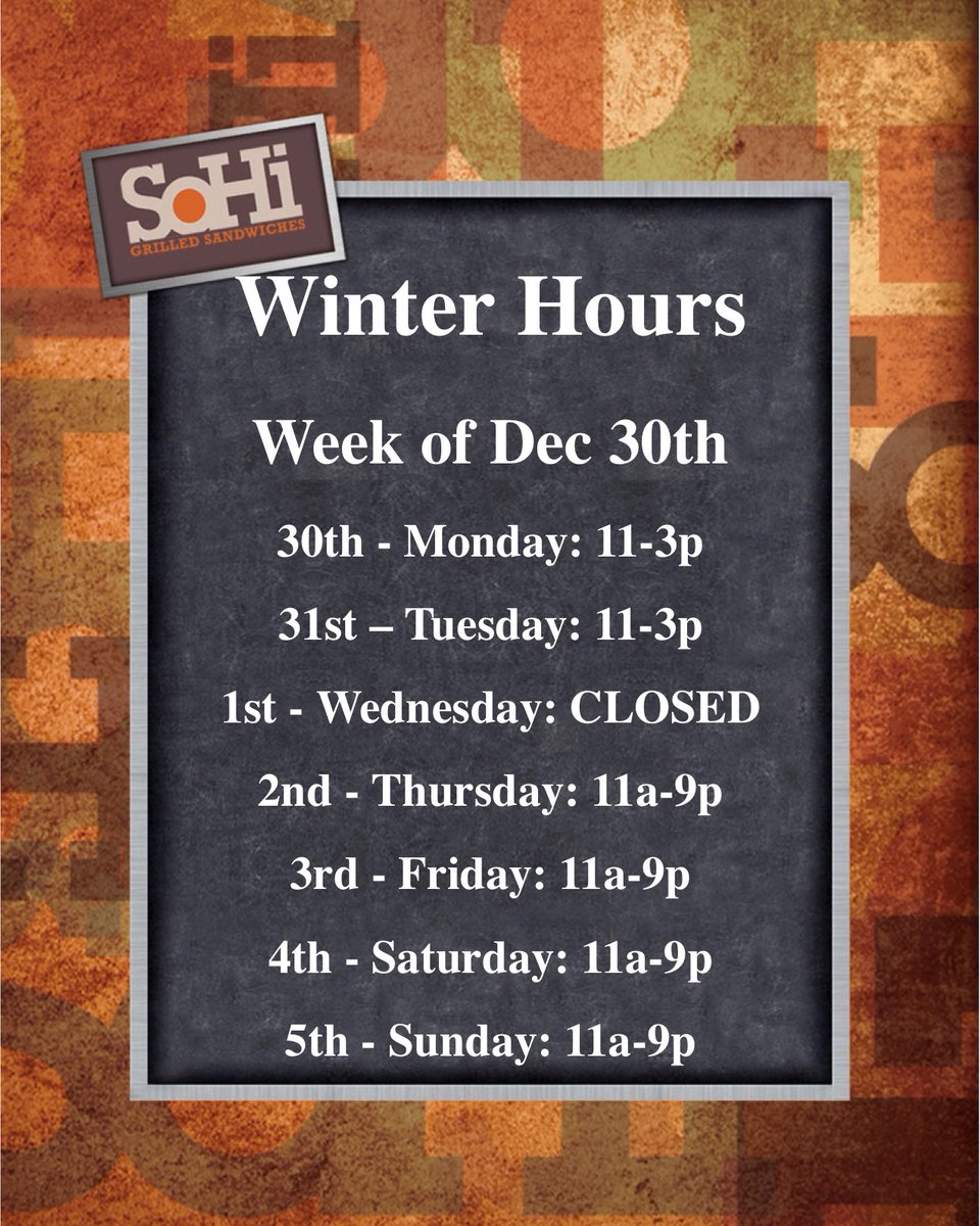 Heads up! Here are our hours for this week...