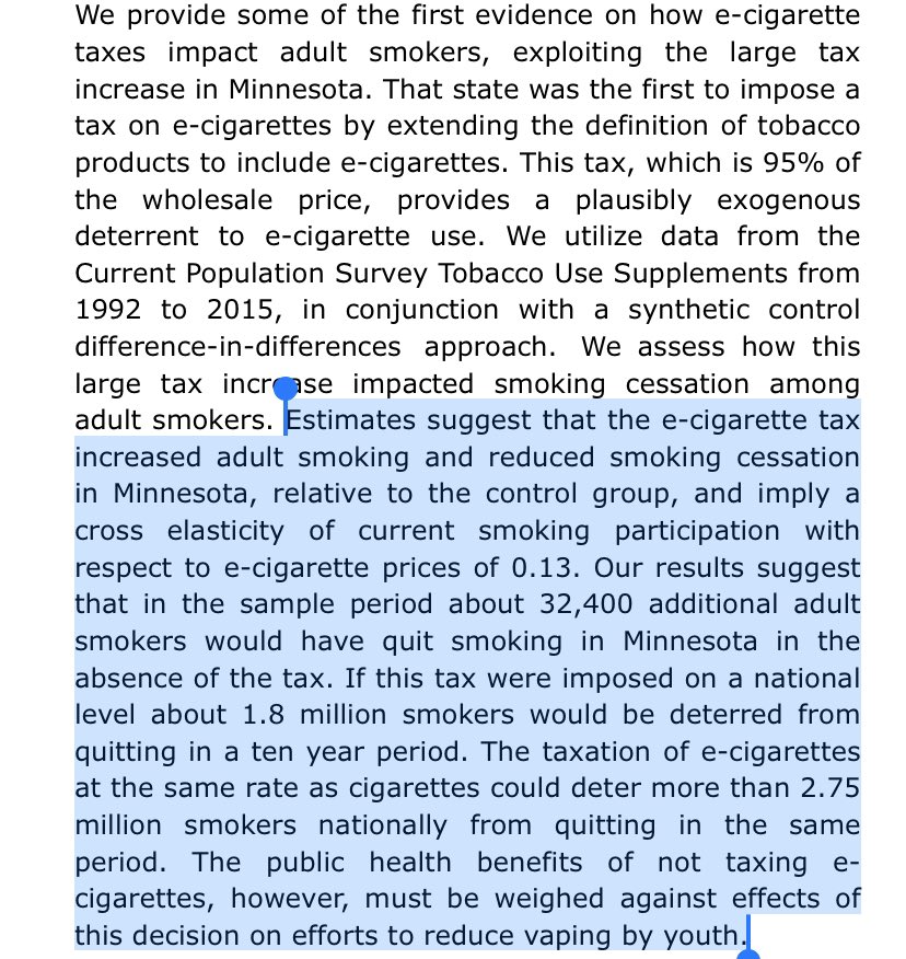 Clive_Bates's tweet photo. E-cigarette taxes and adult smoking - evidence from Minnesota.

https://t.co/Ju36KrLjXQ

Did anyone mention that slapping eye-watering taxes on vaping products might reduce the number of people switching, increase smoking and protect the cigarette trade? Now the evidence is in. https://t.co/K0rKWFNliV