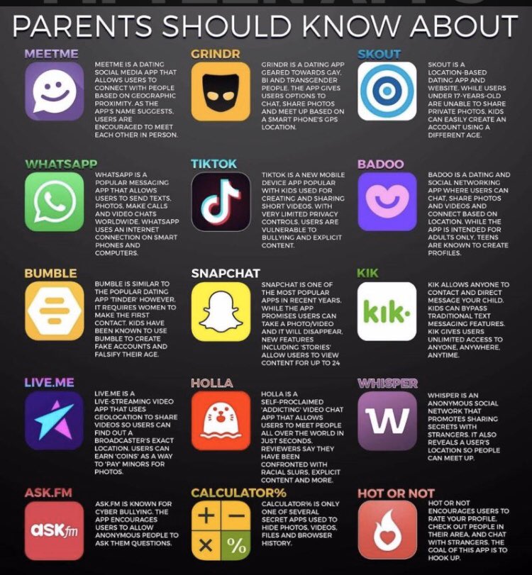 ISCPP's tweet photo. Psst‼️Parents does your child have a cell phone?⁉️Then you should know about these apps ⬇️
#educationisprevention 
#crimeptevention
#knowtheapps 
#parents https://t.co/dkZYbXeJZj