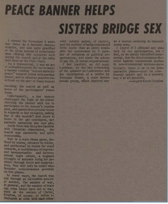 From the November 1971edition of the Berkeley Barb. How coming into feminist protest was an act of 'self-affirmation' for this transsexual who declared themselves a lesbian.