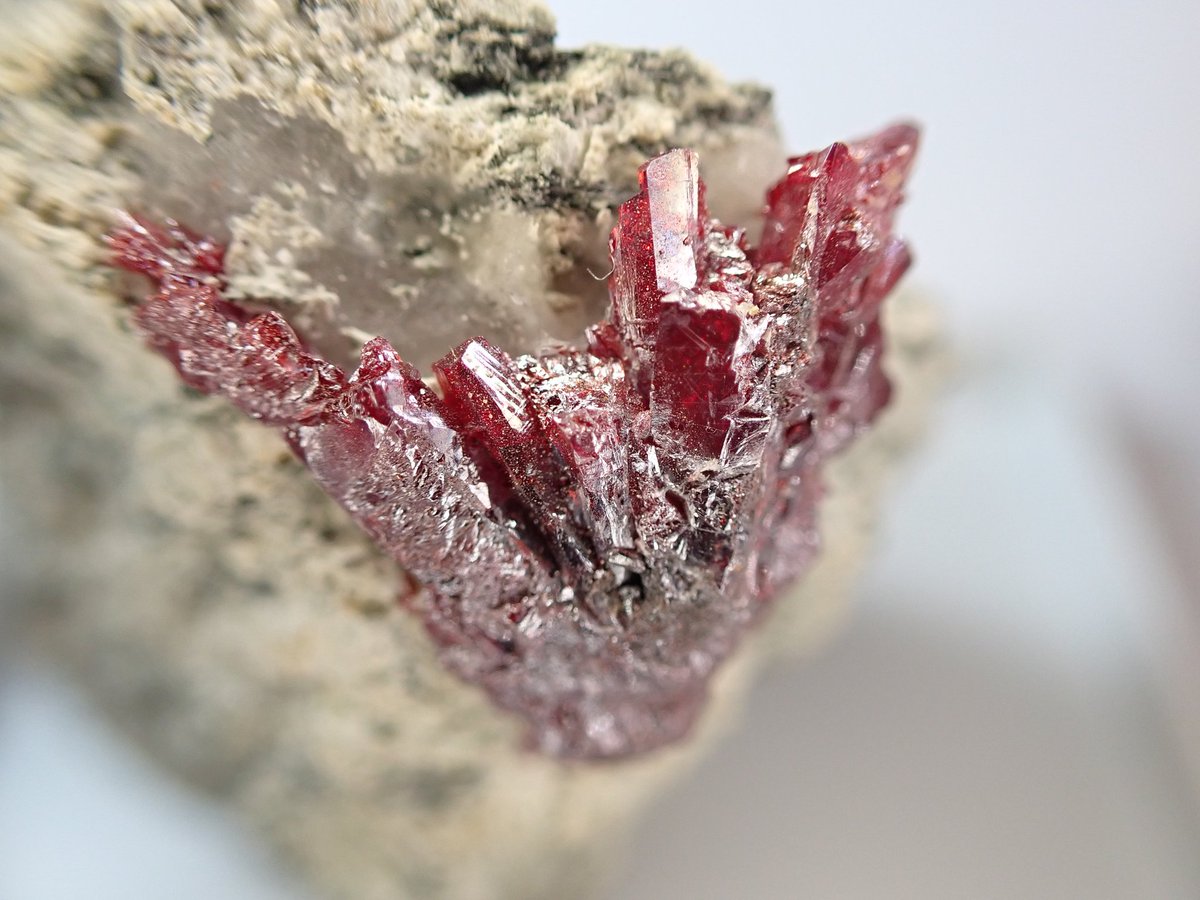 りゅう 淡紅銀鉱 Proustit 針銀鉱 Acanthite 貴重な銀の硫化鉱物 しかも王家所有の鉱山だそうで 厳しい規制があるのだとか 母岩が針銀鉱 赤いところ ルビーシルバーと呼ばれる が 淡紅銀鉱 ギラッとした金属光沢があるのに 透明感もある Q