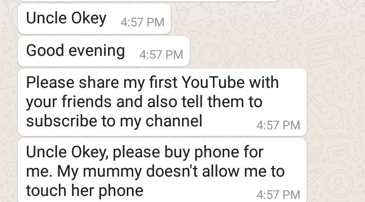 OkeyUgwu01's tweet photo. This evening, My 7 years old niece sent me this message via her mum's phone. After watching her video, i was shocked at her level of knowledge about YouTube. Kindly watch, share https://t.co/nzvFzAHZbi and subscribe as she requested. 😂 #DigitalChildren https://t.co/tJhrCN0saj