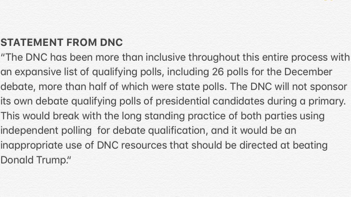 JulesJester's tweet photo. JUST IN: @DNC responds to @AndrewYang’s letter to @TomPerez proposing they should commission 4 early state qualifying polls before 1/10 to provide an “accurate snapshot.”

DNC: “The DNC will not sponsor its own debate qualifying polls of presidential candidates during a primary.” https://t.co/agsmnSdMs1