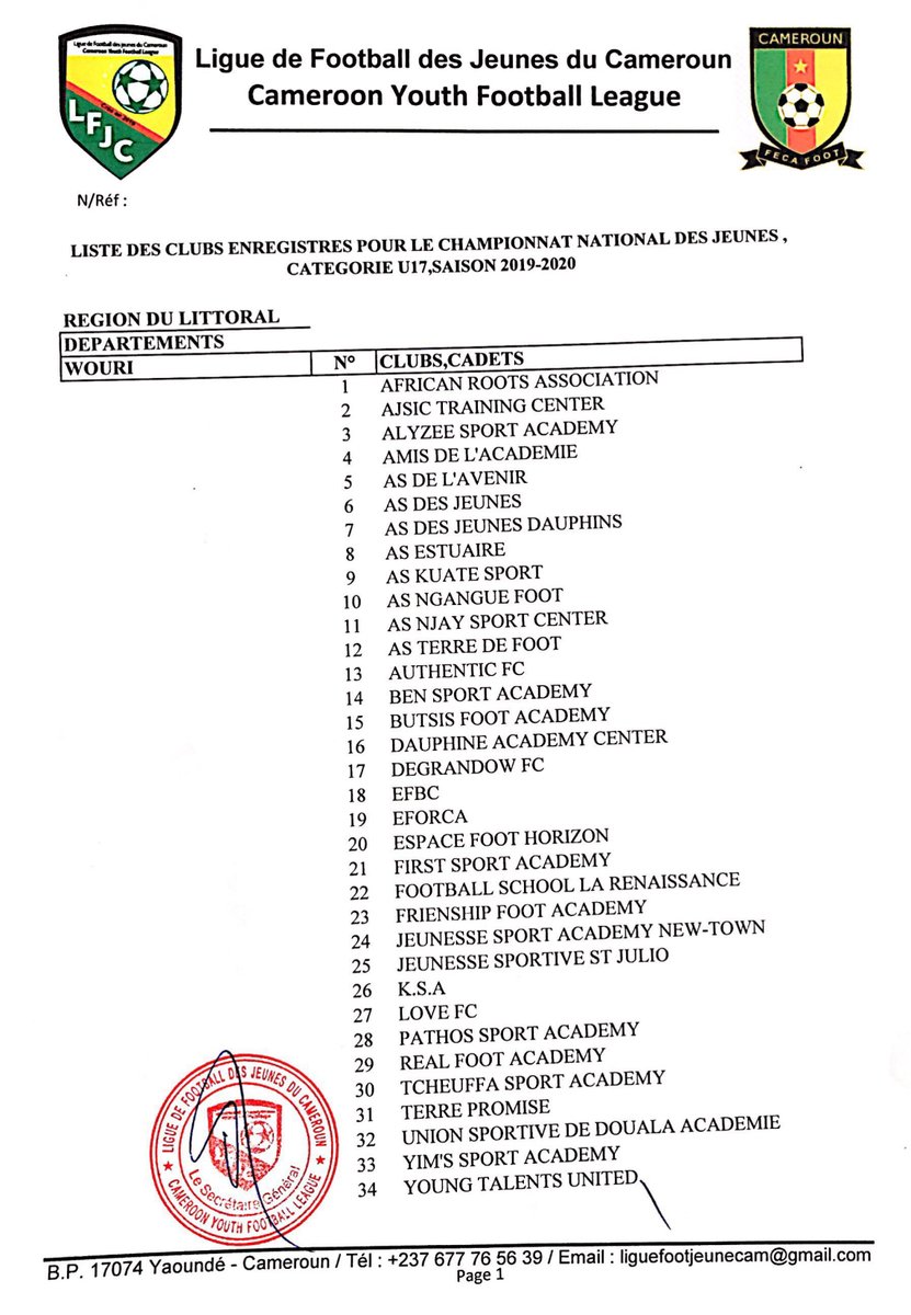 FecafootOfficie's tweet photo. Liste des clubs admis à disputer les championnats jeunes U17 (CADETS) saison 2019/2020.
#LFJC (1/2) https://t.co/lzOt62NjF6