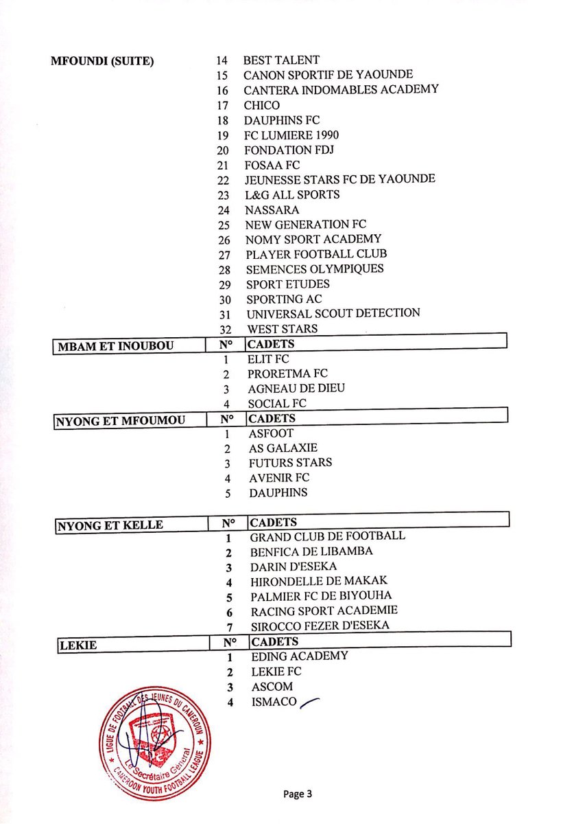 FecafootOfficie's tweet photo. Liste des clubs admis à disputer les championnats jeunes U17 (CADETS) saison 2019/2020.
#LFJC (1/2) https://t.co/lzOt62NjF6