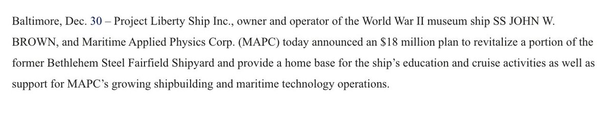 mal_sofastaii's tweet photo. NEW: The SS JOHN W BROWN will have a new home in South #Baltimore. Through several partnerships, they plan to rebuild the 80yo pier at the fmr Bethlehem Steel Fairfield Shipyard; estimated to take around 2yrs. @JohnWBrownPLS #projectlibertyship @wmar2news
https://t.co/CvE0JwbXBj https://t.co/P0dvStRu5S