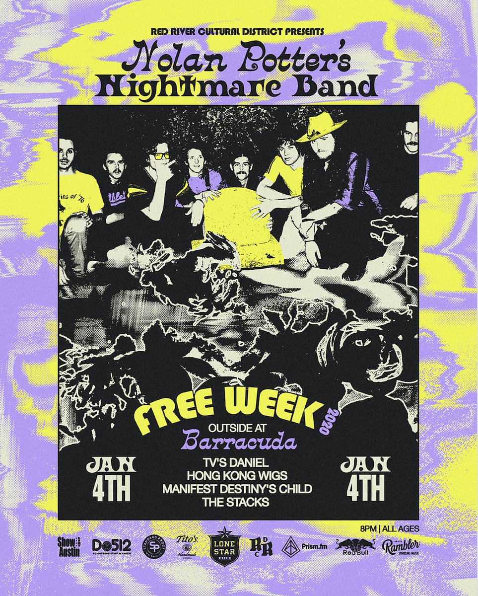 barracudaaustin's tweet photo. 🔮 #FREEWEEK | Jan 4th at #BarrysClub
🌟 INSIDE: @quietcompanytx @darkbirdband @ColorCandyTalk @sooper_theef
🌟 OUTSIDE: Nolan Potter's Nightmare Band #TVsDaniel #HongKongWigs #TheStacks @MANIFESTDC
↝ https://t.co/gquWsGWRrZ
#DefendRedRiver #RRCD https://t.co/jBrRDaQ43k