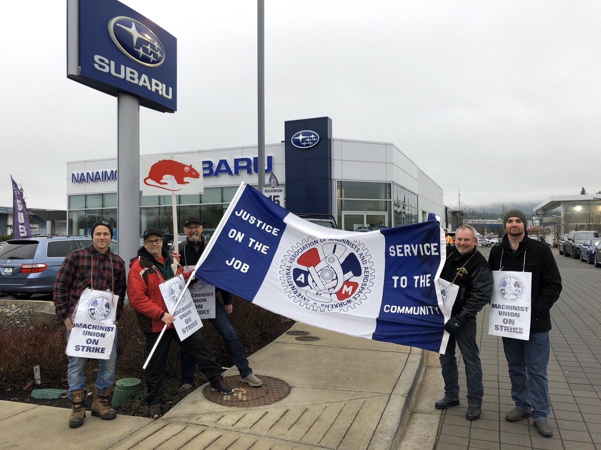 iamunioncanada's tweet photo. John Humphrey and Al Cyr, Business Reps for IAM District 250 on the picket line by IAM Local 456. #OnStrike against #SubaruNanaimo  #Mercedes-BenzNanaimo and #Three-PointMotorsMercedes in Victoria, part of #GainGroup  Stop by. Join us! #canlab #StayStrong https://t.co/wZtdkh6FJu