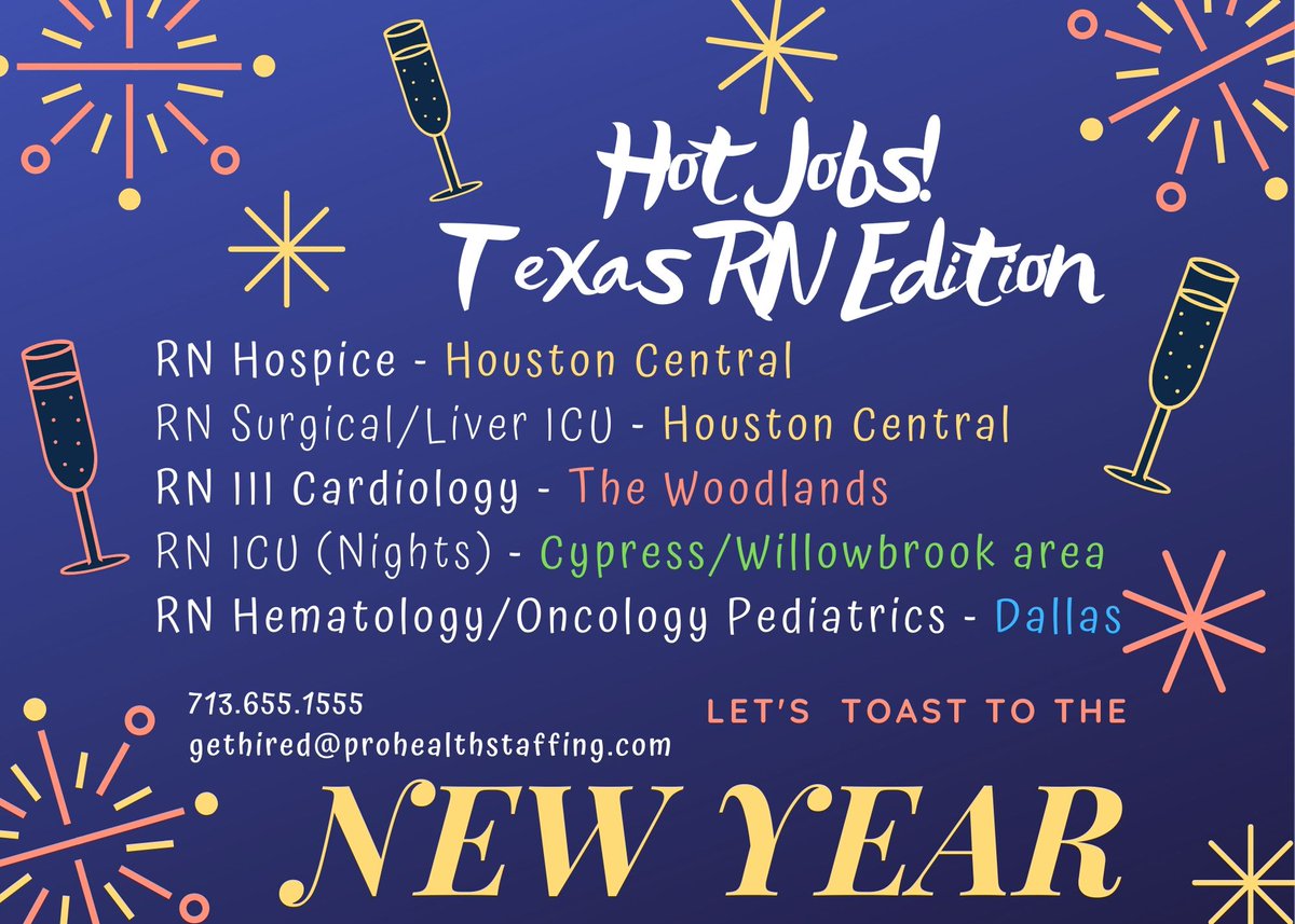 ProHealthUS's tweet photo. Happy New Year! 
Take a look at our RN HOT JOBS in Texas!

Please send qualified resumes to gethired@prohealthstaffing.com and include which job you'd like to apply for in the subject line.

*All positions require a minimum of 2 years recent experience. https://t.co/J9GlymsbHo