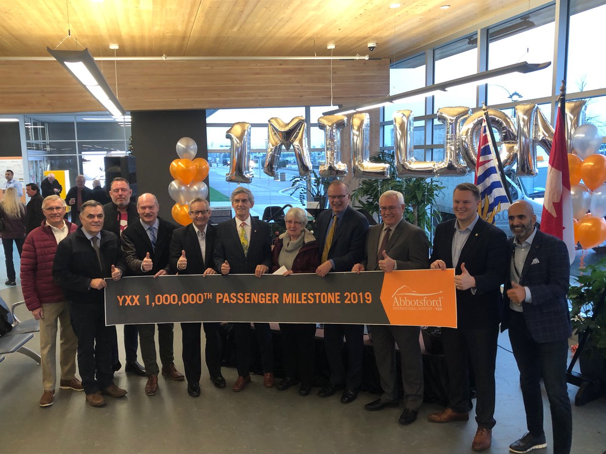 cnicholsabby's tweet photo. On behalf of @TourismAbby, congratulations to the @yxxairport team for servicing over one million passengers in 2019. A great achievement. 

And congrats to Patrica Lovatt for being recognized as the one millionth guest! https://t.co/V0GGPhObrt