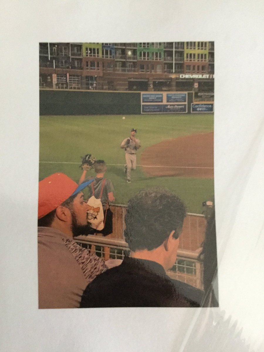 Scheck48's tweet photo. @wmwhitecaps one of my son’s summer highlights - catching this ball from @Greene21Riley and getting his autograph at the last game vs the Lugnuts. Unfortunately we ruined the autograph laminating it to create a keepsake. https://t.co/Mvvn9OHzY7