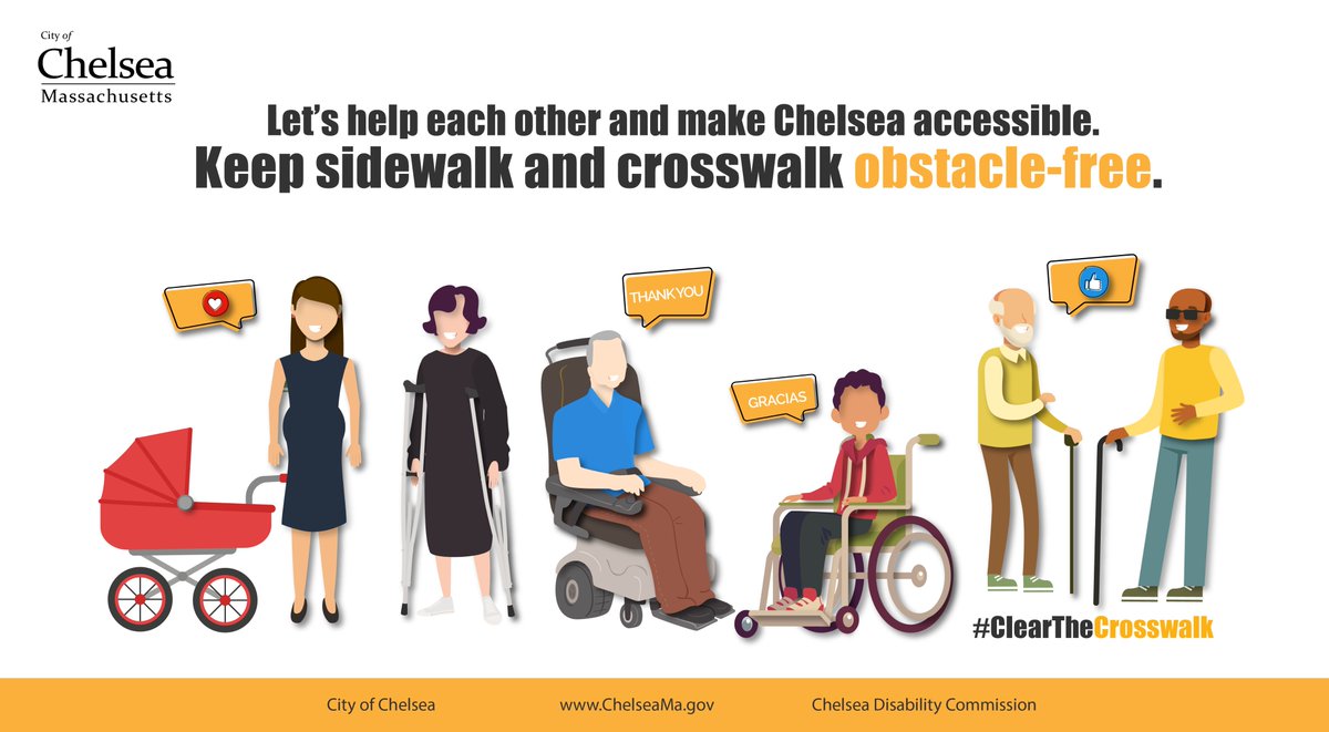 ChelseaGov_MA's tweet photo. #𝐂𝐥𝐞𝐚𝐫𝐭𝐡𝐞𝐂𝐫𝐨𝐬𝐬𝐰𝐚𝐥𝐤 Thank you to our Disability Commission for coming up with this meaningful campaign. Let's keep crosswalk &amp;sidewalk obstacle-free for our friends and neighbors! 👍 

Thank you for looking out for others, #ChelseaMa! https://t.co/5czp1rySdf