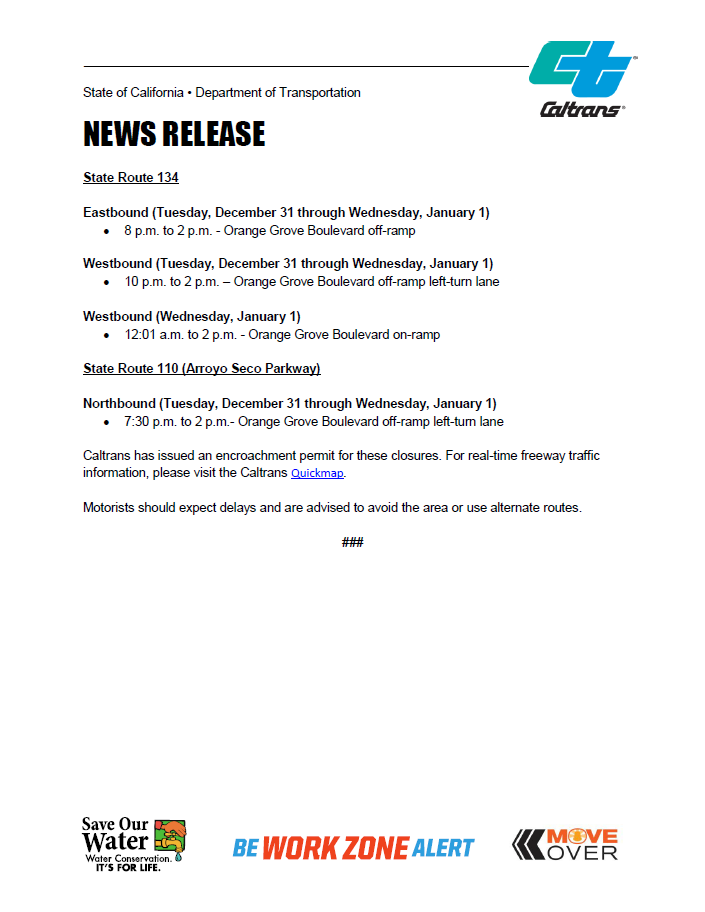 CaltransDist7's tweet photo. ICYMI: Ramp closures are scheduled TOMORROW 12/31 for the annual Rose Parade. Plan ahead and expect delays. Avoid the area and use alternate routes. Caltrans has issued a permit for these closures. #RoseParade2020 #I710 #SR110 #SR134 #I210 #Pasadena https://t.co/wYGA63YWJL