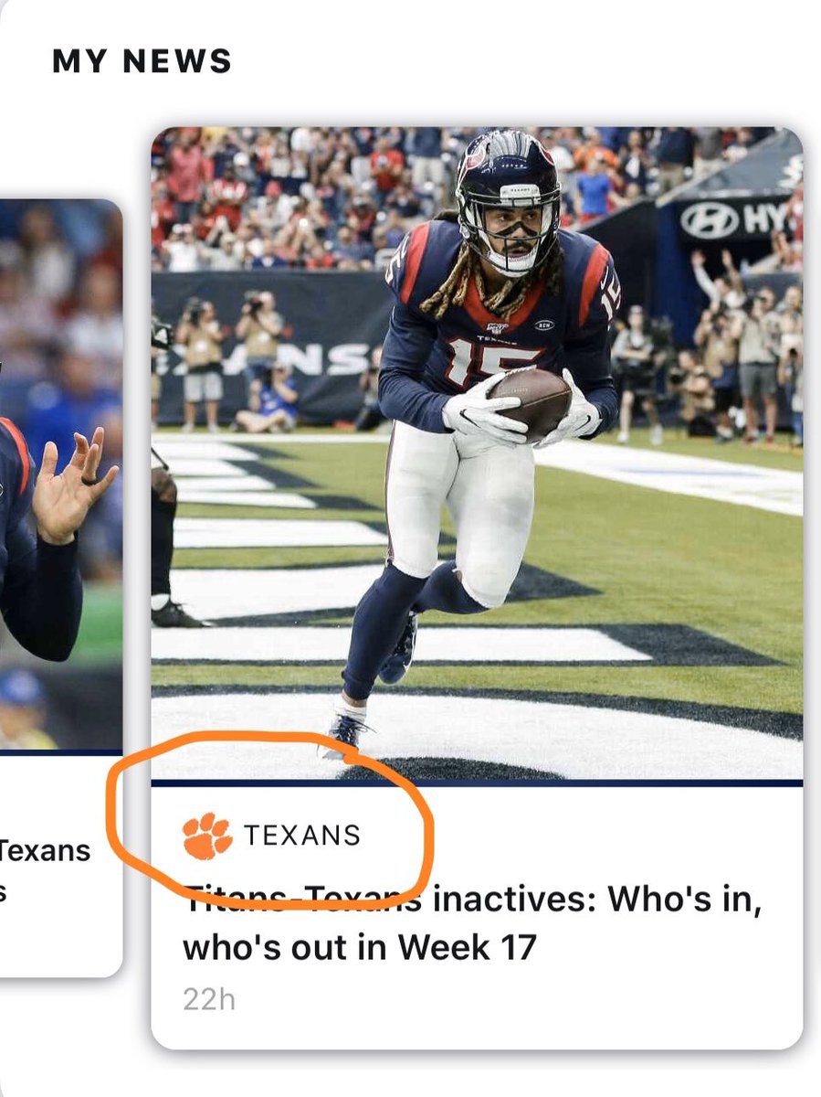 lmanningdesign's tweet photo. It’s like @espn’s personalization engine understands that my love of the @HoustonTexans is because of all the awesome @ClemsonFB guys they’ve got 😂🏈 https://t.co/rHFuiA8exB