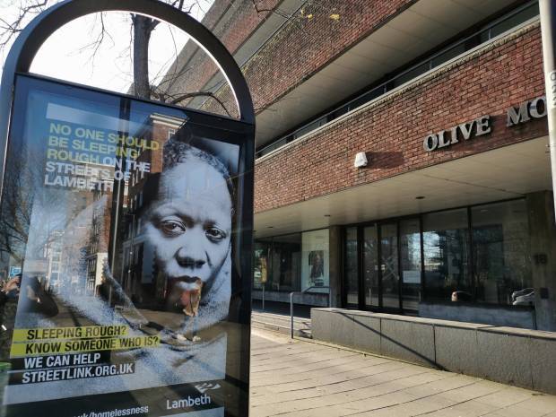 brixtonbuzz's tweet photo. Lambeth Council’s homeless campaign is advertised right outside their own empty offices https://t.co/5OnbwRDtXD https://t.co/RVOnhuWiaC