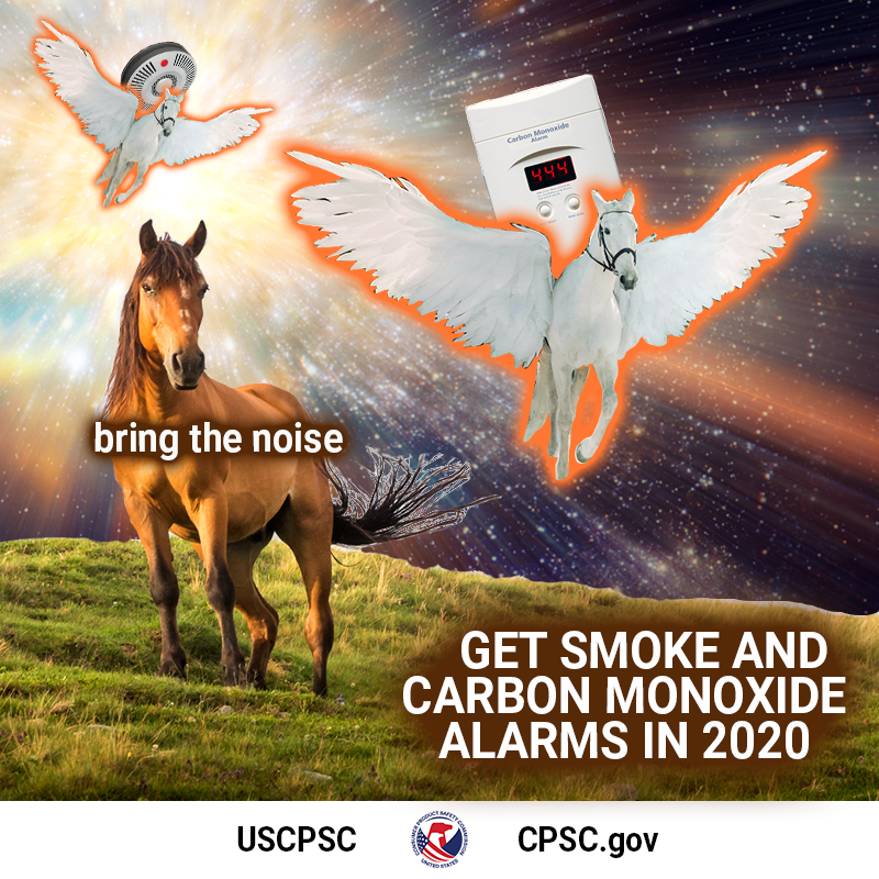 A horse stands proudly on a hilltop. An explosion of light behind them. Two Pegasus fly out of the light carrying carbon monoxide alarms and smoke alarms. The horse says, Bring the noise. The text reads: get smoke and carbon monoxide alarms in 2020.