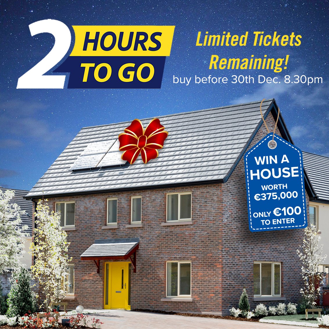2 HOURS TO GO!! ⏰ Last chance to enter! 😱 Buy your ticket now 🎟 at winindublin15.ie or at the Kilmore Hotel before 8.30pm today! 🎟🎁 Someone will win a House worth €375,000! 🥳 Cash prizes also 💶 #winindublin15