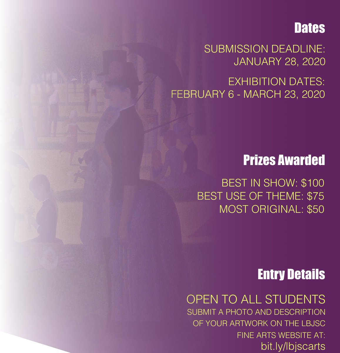 The first exhibit in spring 2020 at #LBJSC is Exploring Scale in Art. Finished pieces must be submitted by January 28, 2020! Follow this link for the application: buff.ly/36LlM18 #TXST