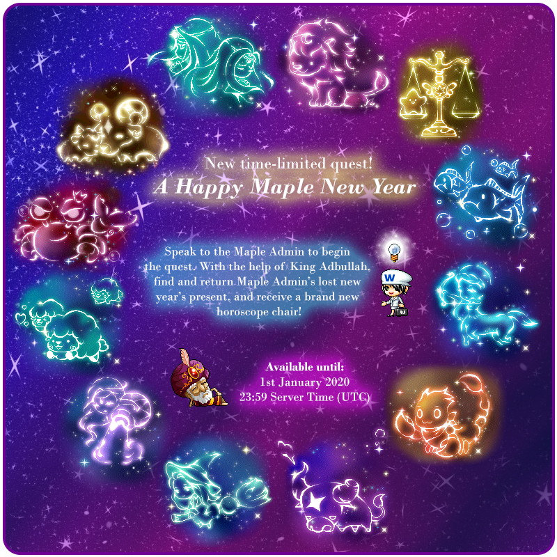 MapleRoyals's tweet photo. Don't miss your chance to get your hands on a brand new Horoscope chair. Quest available until midnight on 1st January 2020. https://t.co/3iScYRfumv