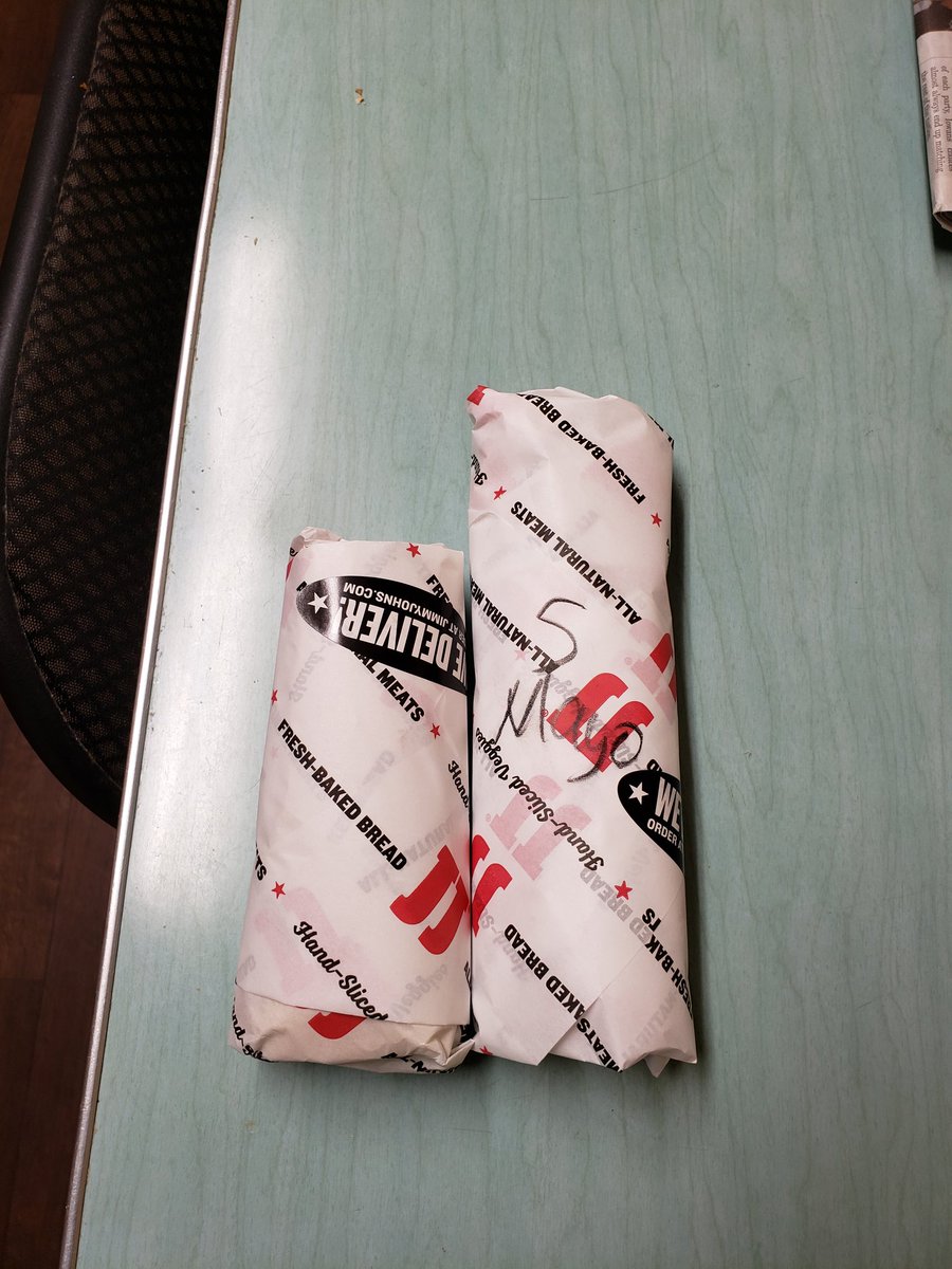 LifeFromASaddle's tweet image. My sandwich compared to my coworkers, delivered in the same order... and they forgot the mayo... sigh @jimmyjohns