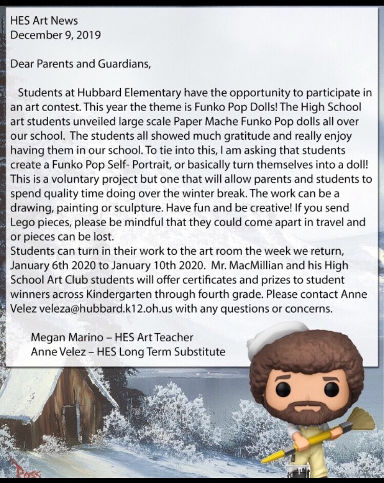 united3441's tweet photo. Can not wait to see what our students @Hubbard_ES come up with when we get back from break. Macโs art students @Hubbard_HS and members of #FutureEducatorsOfAmerica will choose winners-Thanks to @funko for the donations towards our winners @FunkoPOPsNews #artclass #funko https://t.co/cYScWjnGrk