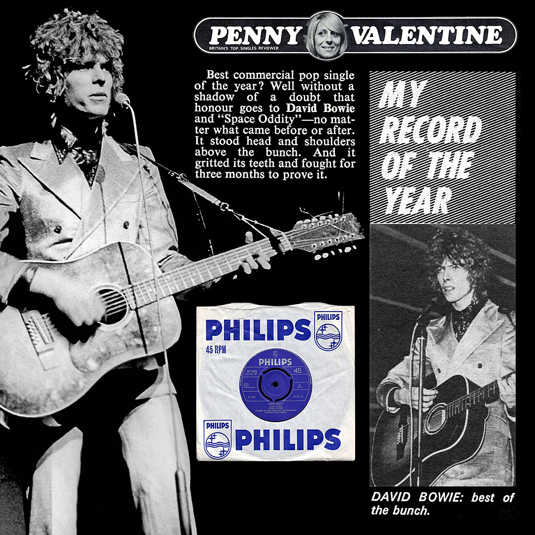 DavidBowieReal's tweet photo. 50 years ago DISC made Bowie best 45 of the year in DISC: ““Space Oddity” is the first tenuous link in a long chain that will make David Bowie one of the biggest assets, and one of the most important people British music has produced in a long long time.” https://t.co/sQvHLrzvOk https://t.co/bxQU6fJ7sM