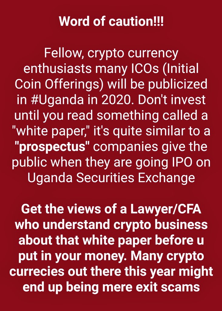 LouisNkizito's tweet photo. #2020goals
Consider this my #NewYear gift. It will save you thousands, millions or billions of shillings (whatever yr networth is). This is free investment advice a millennial lawyer like me will give u 👇🏽
#ICO
#CryptoExperienceRedefined
@RKirunda @rggoobi @dfkm1970 https://t.co/MaZRjwvSgj