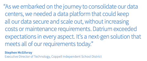 Datrium's tweet photo. By using the Datrium DVX platform, the Coppell Independent School District was able to recognize immediate cost savings and reduce their storage from 3 racks to half of a rack. Read more on this case study: https://t.co/cf0FtqQdSt. #DatriumDVX #DataManagement #storage https://t.co/AEBKWIVsKg