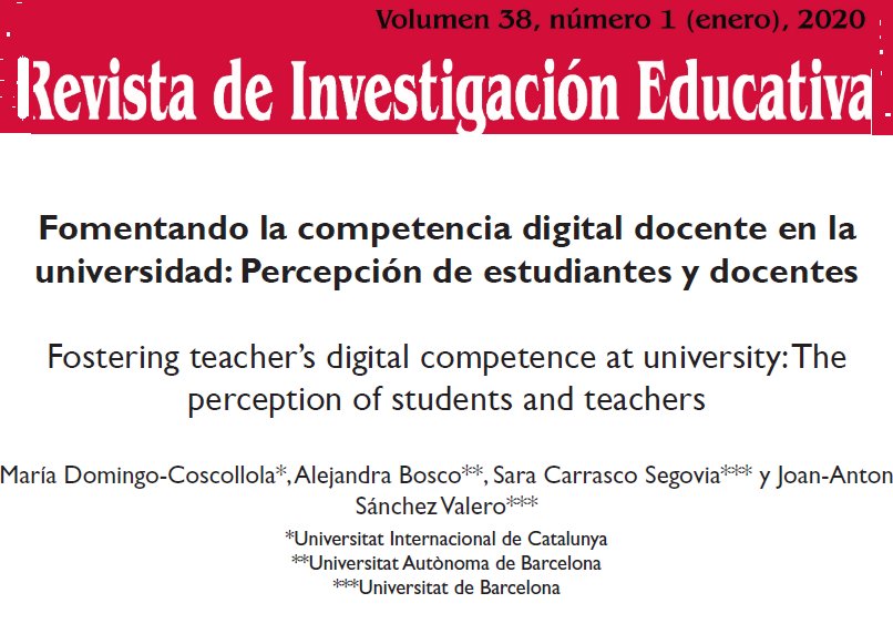 MariaDomingo's tweet photo. __ARTICLE 2020__ "Fomentando la Competencia Digital Docente en la universidad:  Percepción de estudiantes y docentes"   en... @revista_rie   con @aboscop @joan_a_sanchez  SCarrasco   @EsbrinaRecerca   Disponible: https://t.co/o68CjPduLP https://t.co/Ie1qX0kpCX