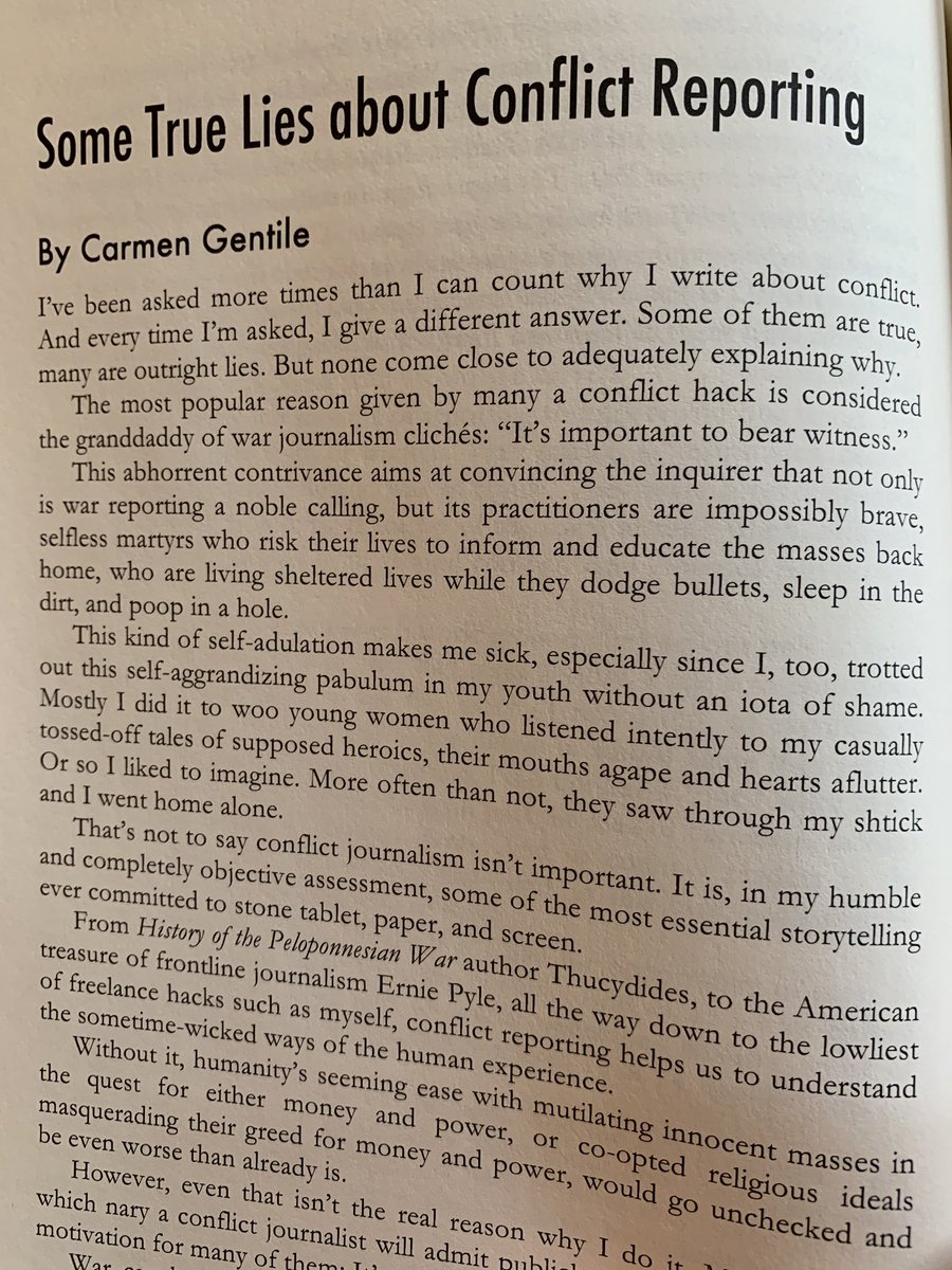 CarmenGentile's tweet photo. @FOB_Haiku @MilWritersGuild @beaverdalebooks @BattlefieldGD @chrisgingram @DoctrineMan @jbyerly81 @FTGNotebook @AN_Goldstein @PhilKlay @vanyaef @McCainJack @WWATMD @mil_LEADER @Msummerslowe @WarintheFuture @kate_germano @JessicaScott09 @DoctorFaz @goat_path @matthew_komatsu @gaylelemmon @HalWilson_ @DEF_Aus @helmandproject @IowaRedBulls @StevenLeeMoore @USNationalGuard @StrongerAtBP @thewarhorsenews @TeamRWB @ShmoF16 @alexzfinley @ImDavidAbrams @maxbrooksauthor @peterwsinger @august_cole @RogerMisso @poetinpinkshoes @HughJMartin @KoriSchake @JABell27 @tomricks1 @Mick_Cook @DeadPrussianPod @War4Idiots @CarlForsling @SpencerGuard @DivergentOption @rkambury Finally got my hands on a copy of “Why We Write,” a fantastic collection of essays about war writing. However I’m not so sure about this joker on page 82 telling “Some True Lies about Conflict Reporting.” He seems fishy. #whywewrite #books #war #warwriting https://t.co/VSia4b1J87