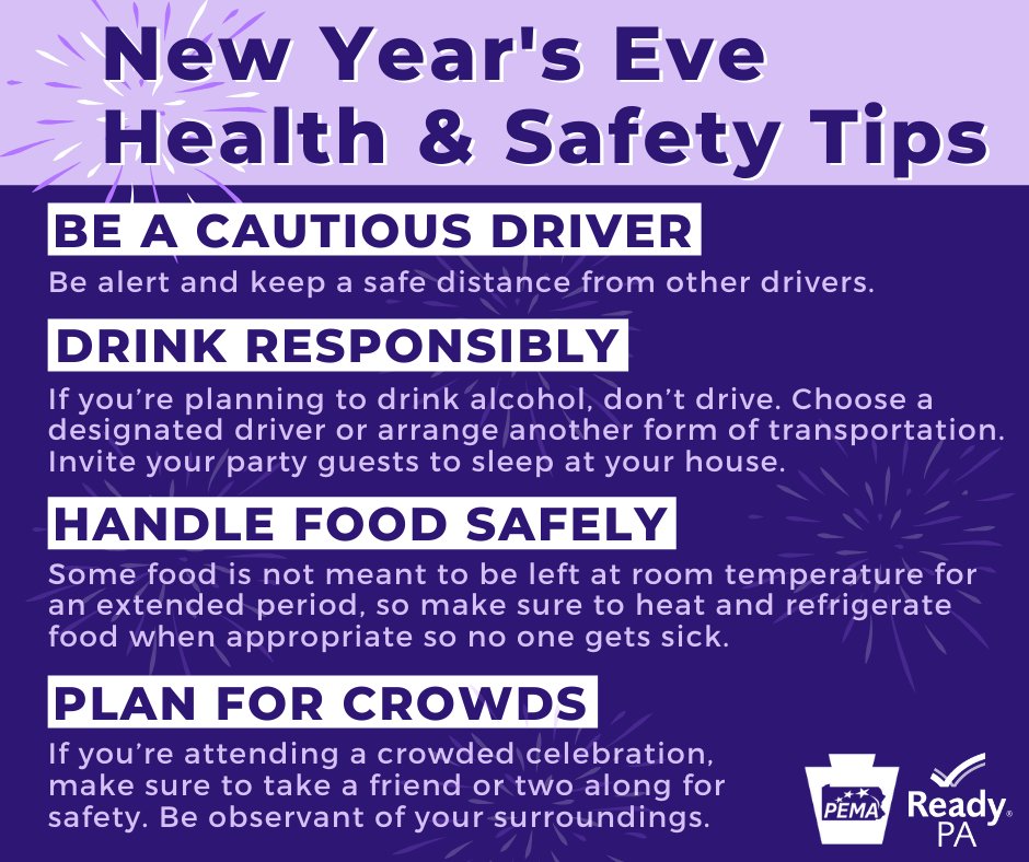 PEMAHQ's tweet photo. Finalizing those New Year’s Eve plans? Remember these tips for a safe and fun celebration ringing in 2020! 🎉
 
🚗 Be a cautious driver
🥤 If you choose to drink, do so responsibly
👨‍🍳 Handle food safely
📱 Plan for crowds
 
#NYE #NewYears #ReadyPA https://t.co/d5Hcfs6jAM