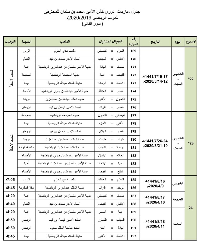 جدول دوري Mbs للمحترفين الدور الثاني 2019 2020