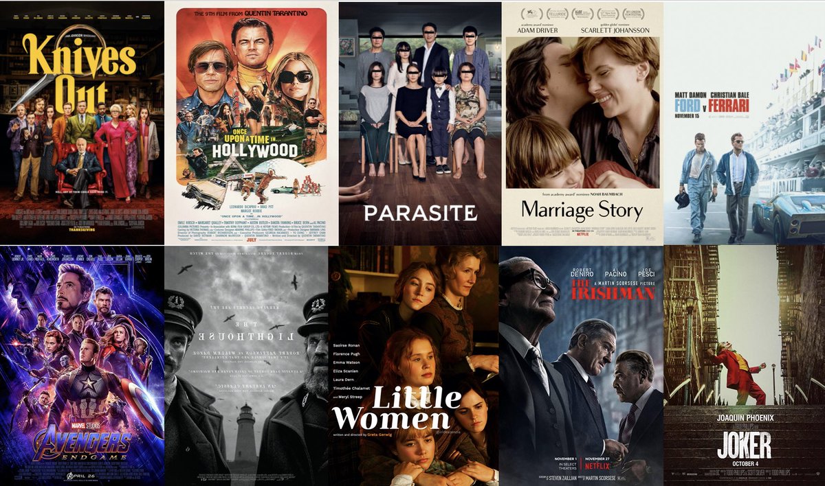 CinemaClub96's tweet photo. أفضل 10 افلام لعام 2019 🔥

Avengers End Game 
Irishman 
Once Upon a Time in Hollywood 
Parasite
Marriage Story
Joker
The lighthouse 
Knives Out 
Little Women 
Ford V Ferrari https://t.co/o8g5lZV7O6