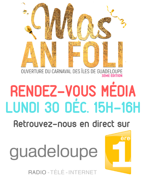 masanfoli's tweet photo. #MasAnFoli • #RDVMedia | Retrouvez l'équipe de l'association Top Carnaval Guadeloupe en direct sur Guadeloupe la 1ère ! Cet après-midi, nous vous parlons du Show LIVE EN FOLIE qui aura lieu lors du MAS AN FOLI, l'ouverture du Carnaval des îles de Gua… https://t.co/pDz5rhnaNu https://t.co/9UGW7mqDHX
