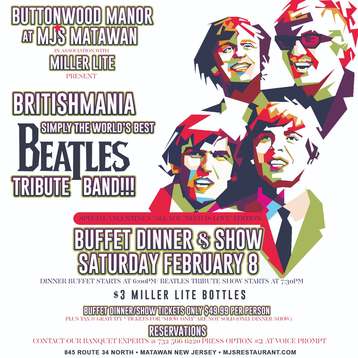 MJs_Restaurant's tweet photo. Exclusive to our Matawan location is Britishmania's Beatles Tribute show!! Reserve now for this special "All You Need Is Love" Valentine's edition of their show highlighting the Beatles hits through the years.  Call 732-566-6220 (hit 2 at the voice prompt) to reserve today!! https://t.co/yrz9vX8vxM