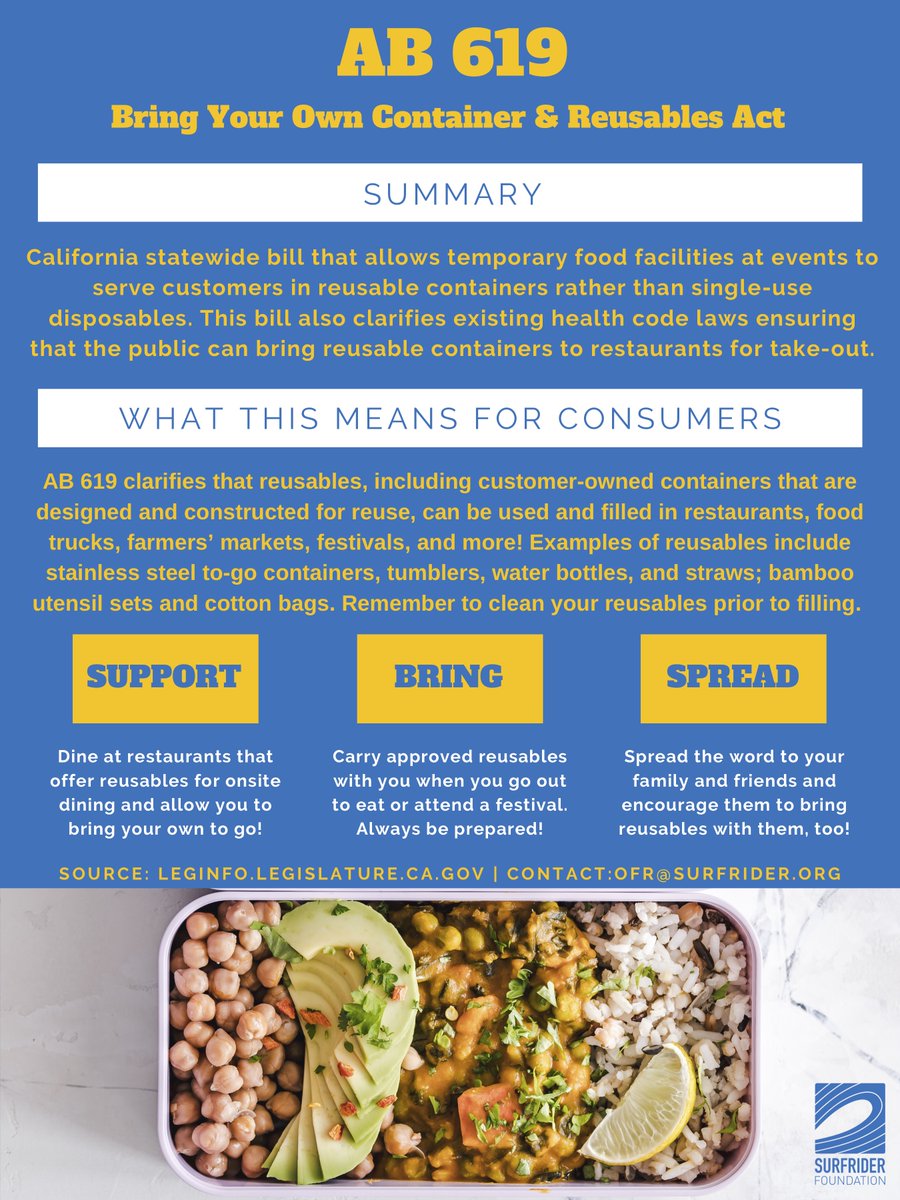 It's 2020 &amp; its time to change the way we think about disposables! AB No. 619 is the new CA statewide law that allows food vendors to serve customers in reusable containers &amp; lets the public bring reusable containers to restaurants for take-out. ♻️🍱