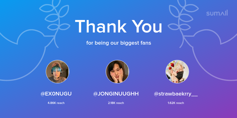 EXQUISITEBAEK's tweet photo. Our biggest fans this week: EX0NUGU, JONGINUUGHH, strawbaekrry__. Thank you! via https://t.co/L7tPLK6oB4 https://t.co/hByAlsCUdb