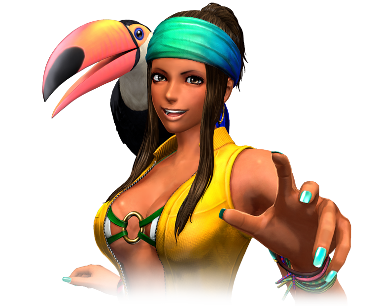 ZARINA - "Dazzling Smile"Age: ???Country: Colombia (lives in Brazil)Team: South America TeamOrigins: KOFXIVa dogged environmentalist and dancer, zarina's in it for a noble end: she wants to protect the nesting place of her pet toucan, coco, whose species is endangered.