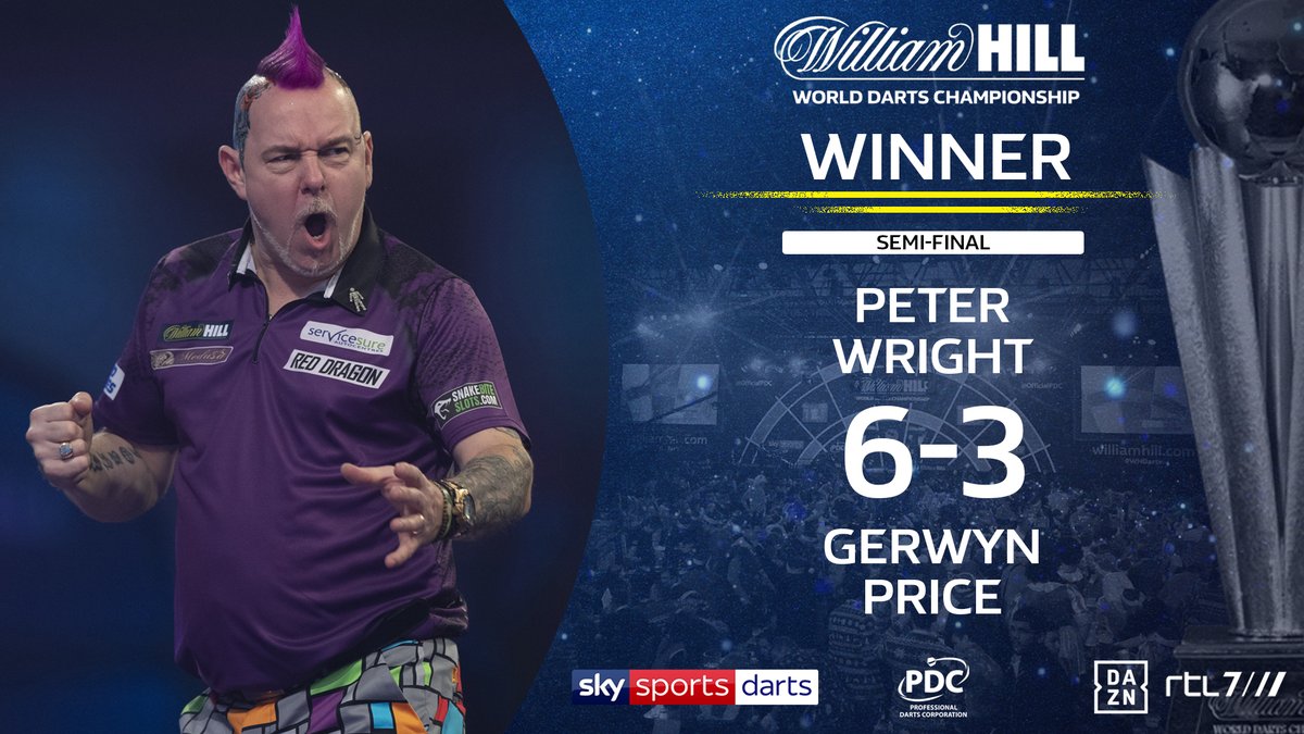 INTO THE FINAL!!

Peter Wright upsets the form book and beats Gerwyn Price 6-3 to reach the final of the 2019/20 @WilliamHill World Darts Championship!