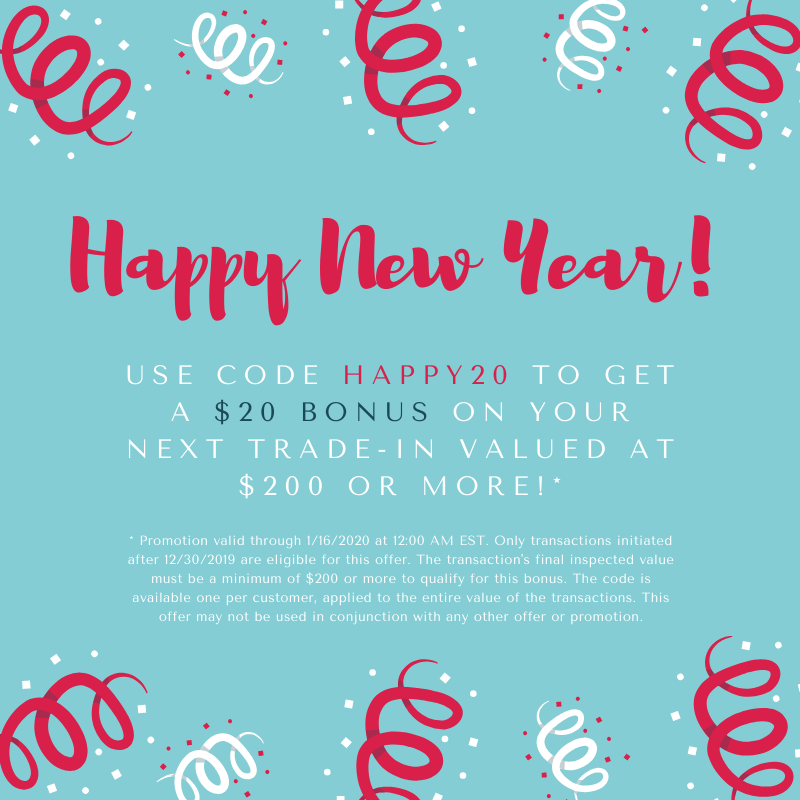MaxBackRewards's tweet image. Celebrate 2020 with a $20 BONUS on trade-ins valued at $200+ for a limited time only!*

Visit bit.ly/2QCmzLo and use code HAPPY20 at checkout.

* See image for details
