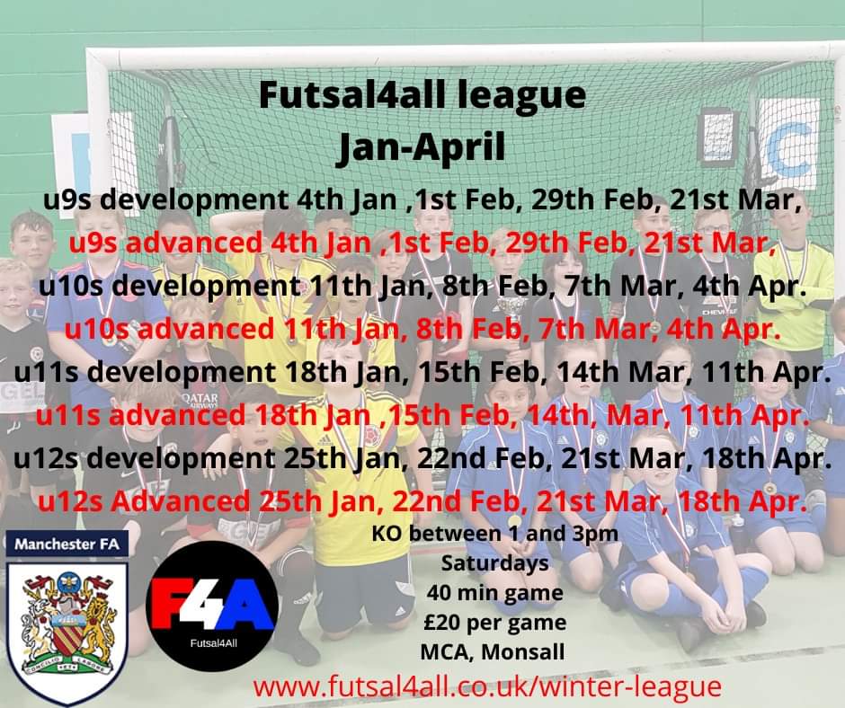 New dates for 2020.
U9-u12s
Developmemt and advanced levels.
Register at futsal4all.co.uk/winter-league