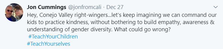 NicketySJW's tweet photo. Local hatemonger Jon Cummings telling us that kids have to be familiar with every special interest group in order to not bully them. Asinine. Kids can just be taught NOT to bully anyone. No wonder test scores are falling. Wasting precious class time on social engineering #CVUSD https://t.co/kcYDiEkbbx
