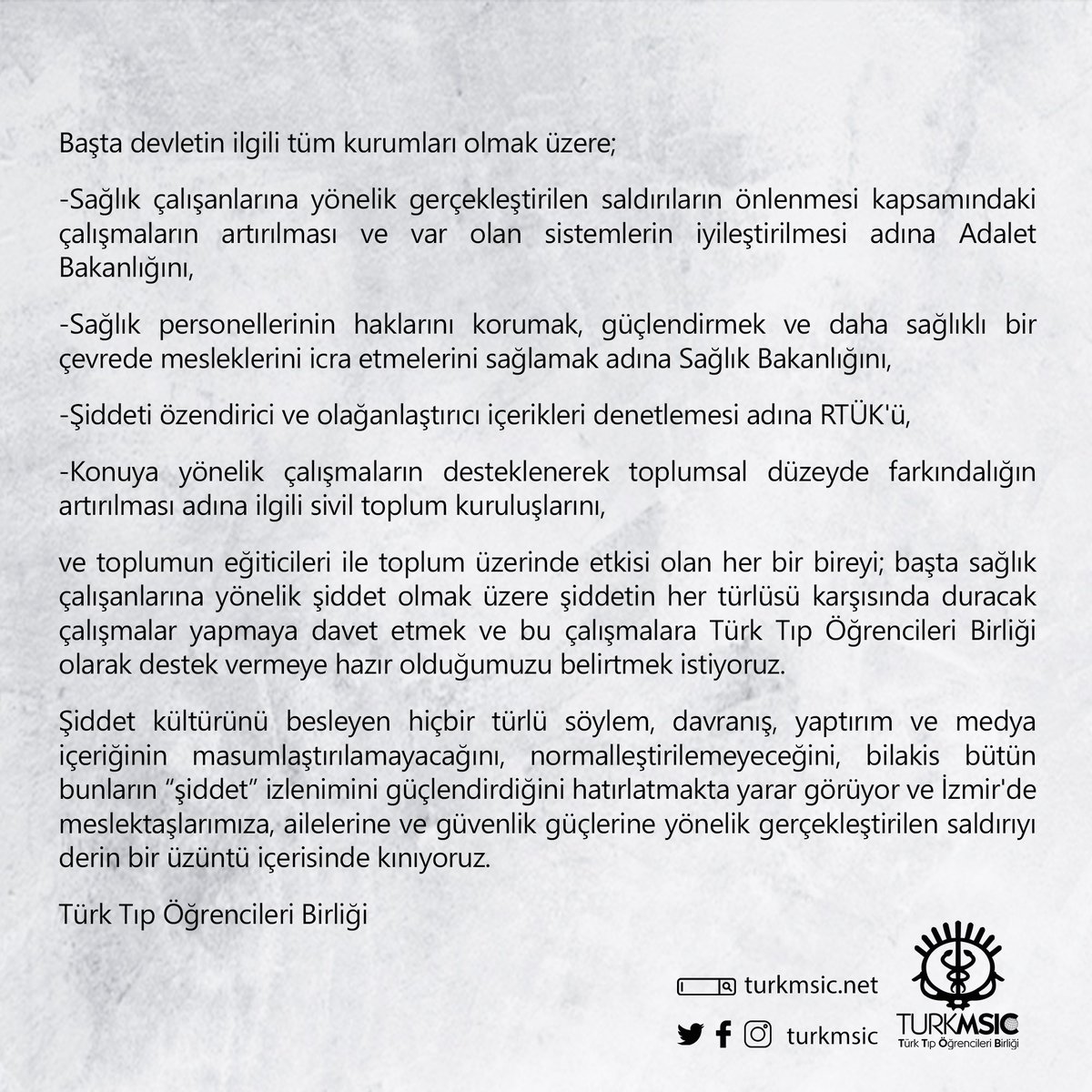 turkmsic's tweet photo. Bugün İzmir'in Torbalı ilçesinde gerçekleşen hekime karşı şiddet olaylarına karşı duruşumuzu kamuoyuna saygıyla sunarız. https://t.co/SqELt1euJV