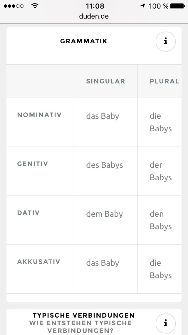 Dudenkind's tweet photo. @KEigendorf *Babys

Der englische Plural „babies“ (zudem kleingeschrieben!) hat in einem deutschen Satz nichts zu suchen. 

@ZDF Bildungsauftrag! https://t.co/pnStCLI9Td