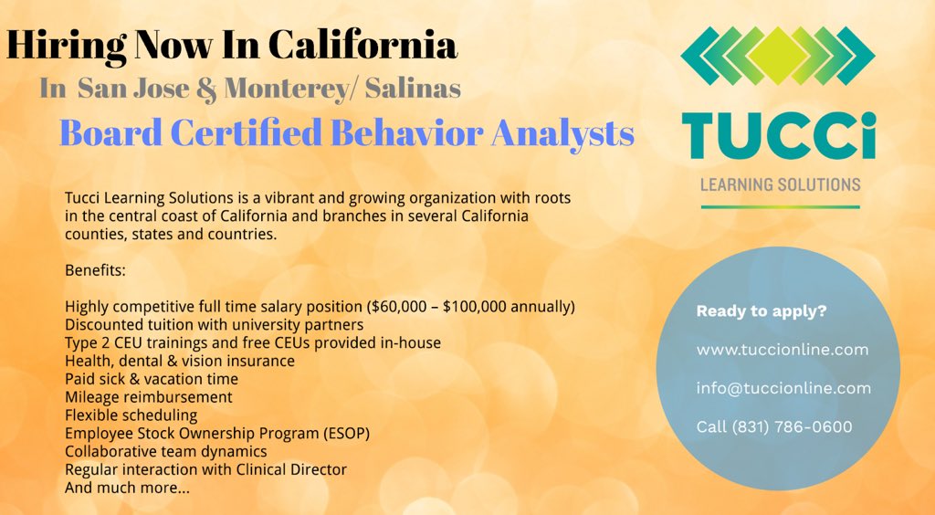CLM_TUCCi's tweet photo. Tucci Learning Solutions is growing in multiple ways and we are seeking BCBAs in California. Our team approach to supporting learners and colleagues benefits everyone. #hiringbcba #aba #behavioranalysts #competentlearnermodel #behavioranalysis #tuccilearningsolutions https://t.co/ZdYiIXZ3Z6
