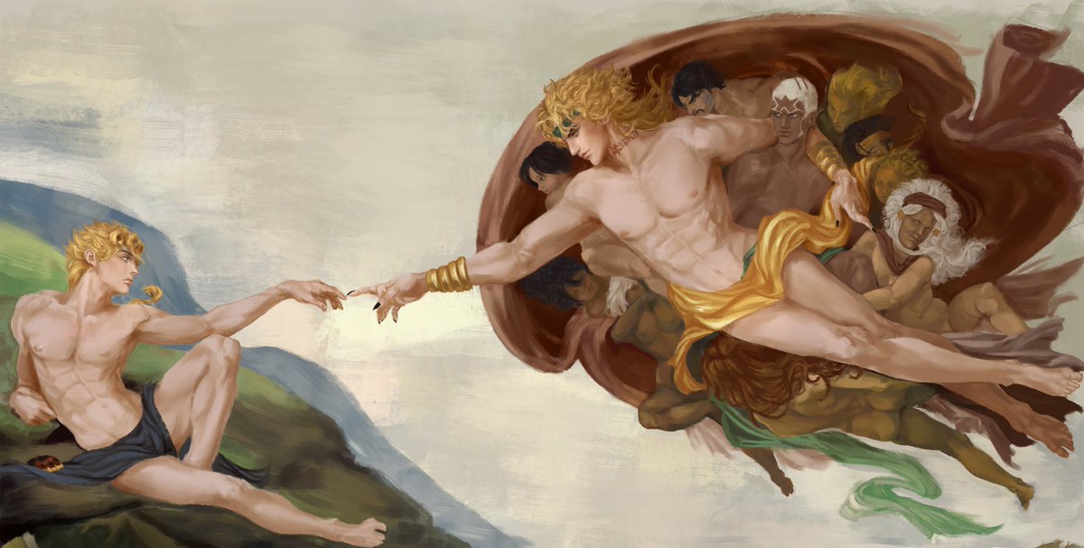 here's my commissioned piece for a recreation of michelangelo's creation of adam, with DIO as god and giorno giovanna as adam (and peep all of dio's supporters) #JJBA