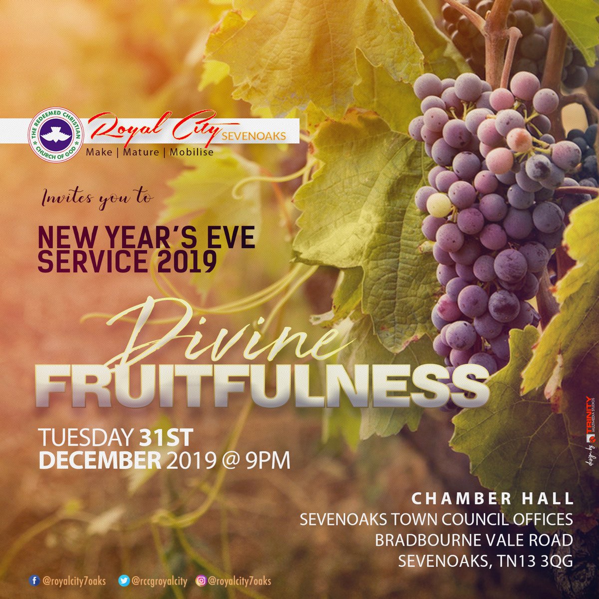 RCCGRoyalCity's tweet photo. Join us for our New Year's Eve Service on Tues 31/12/19@ 9pm. We are #RaisingKingdomAchievers to produce fruit in every good work.
You will be fruitful in Jesus name, amen.
#RaisingKingdomAchievers #DiscoverJesus #TheSower #OverflowingHarvest #Fruitfulness #Rain #Increase #IAm https://t.co/6Sa3A2GmuY