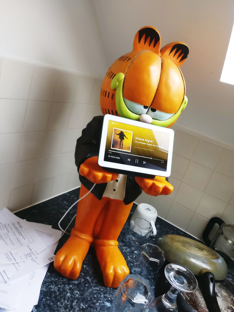 Dandydesignuk's tweet photo. Well done to Garfield on his promotion! Started out in 2010 at uni holding bottles of booze, moved up to toilet roll holder for a few years but he's worked his way to Google home attendent. Congrats 🎉🎉🎉... (Best £5 I've ever spent 😎) #garfield #props #promotion https://t.co/Pb1mh9f5ch