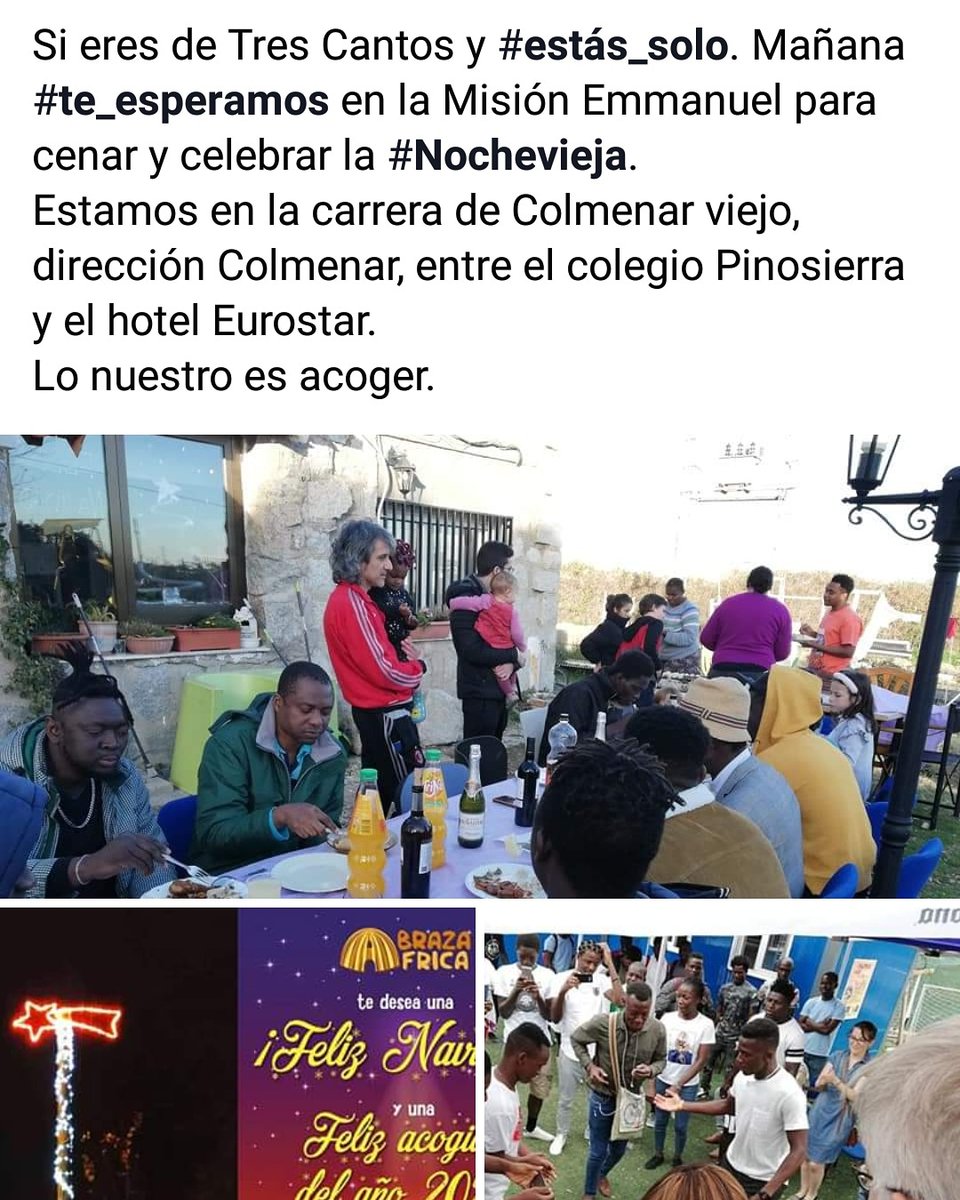 emmanuelmision's tweet photo. Si eres de Tres Cantos y #estás_solo. Mañana #te_esperamos en la Misión Emmanuel para cenar y celebrar la #Nochevieja.
Estamos en la carrera de Colmenar viejo, dirección Colmenar, entre el colegio Pinosierra y el hotel Eurostar.
Lo nuestro es acoger. https://t.co/danKmvzVw8
