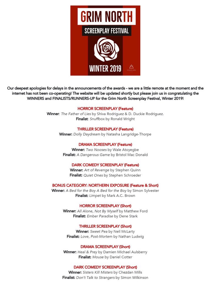 OUR FIRST EVER WINNERS AND FINALISTS! Congratulations to all, and to all a good New Year! #grimnorth #grimnorthscreenplayfest #screenwriters #screenplaycomp #screenplayawards